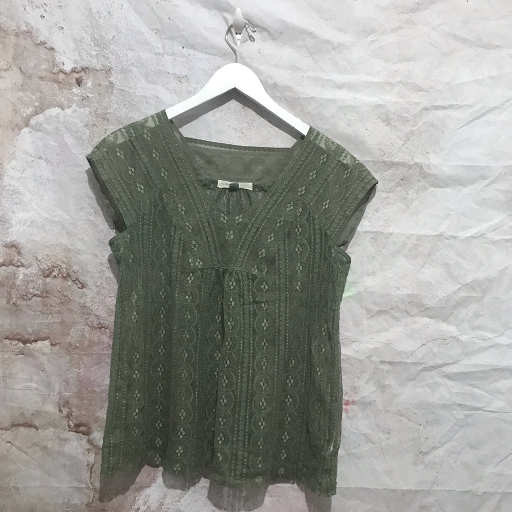 Fossil Army Green Sheer Laced Cotton Blend Oversize Small Top~
